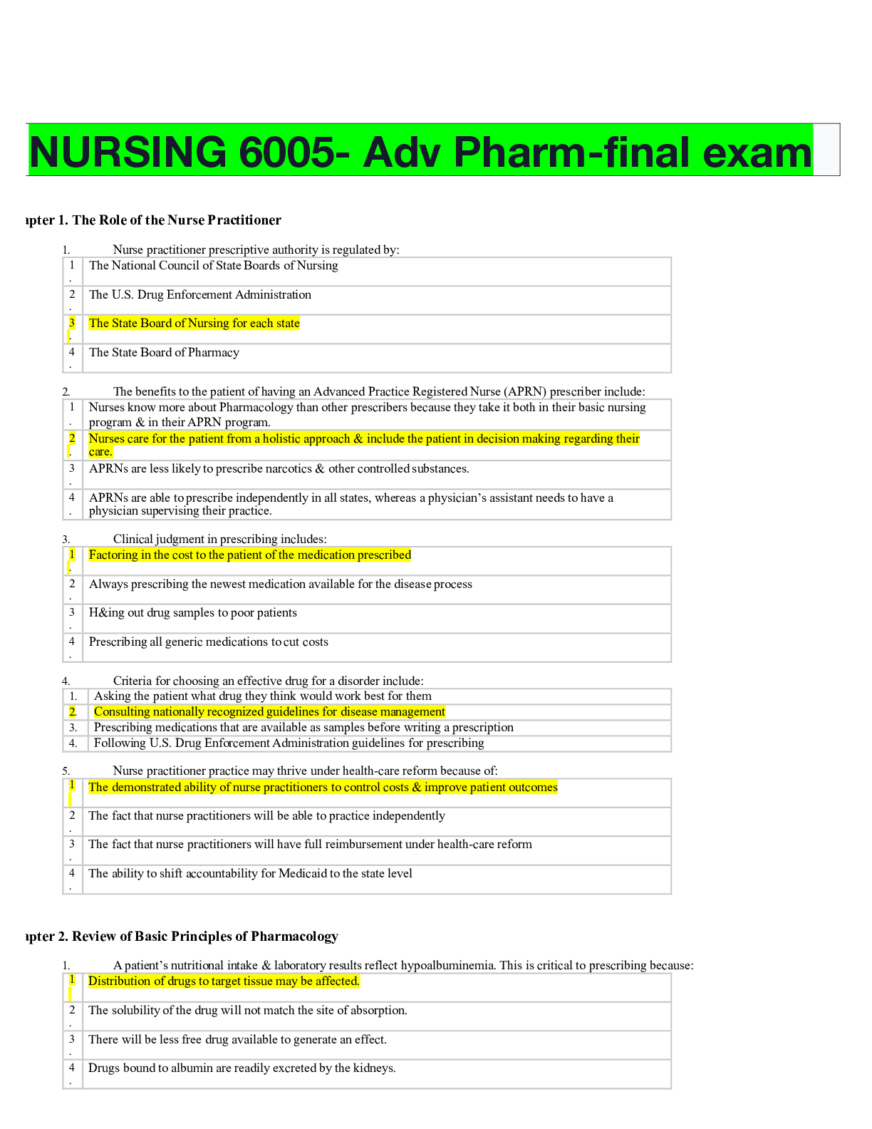 Preview of NURSING 6005- Adv Pharm-final exam